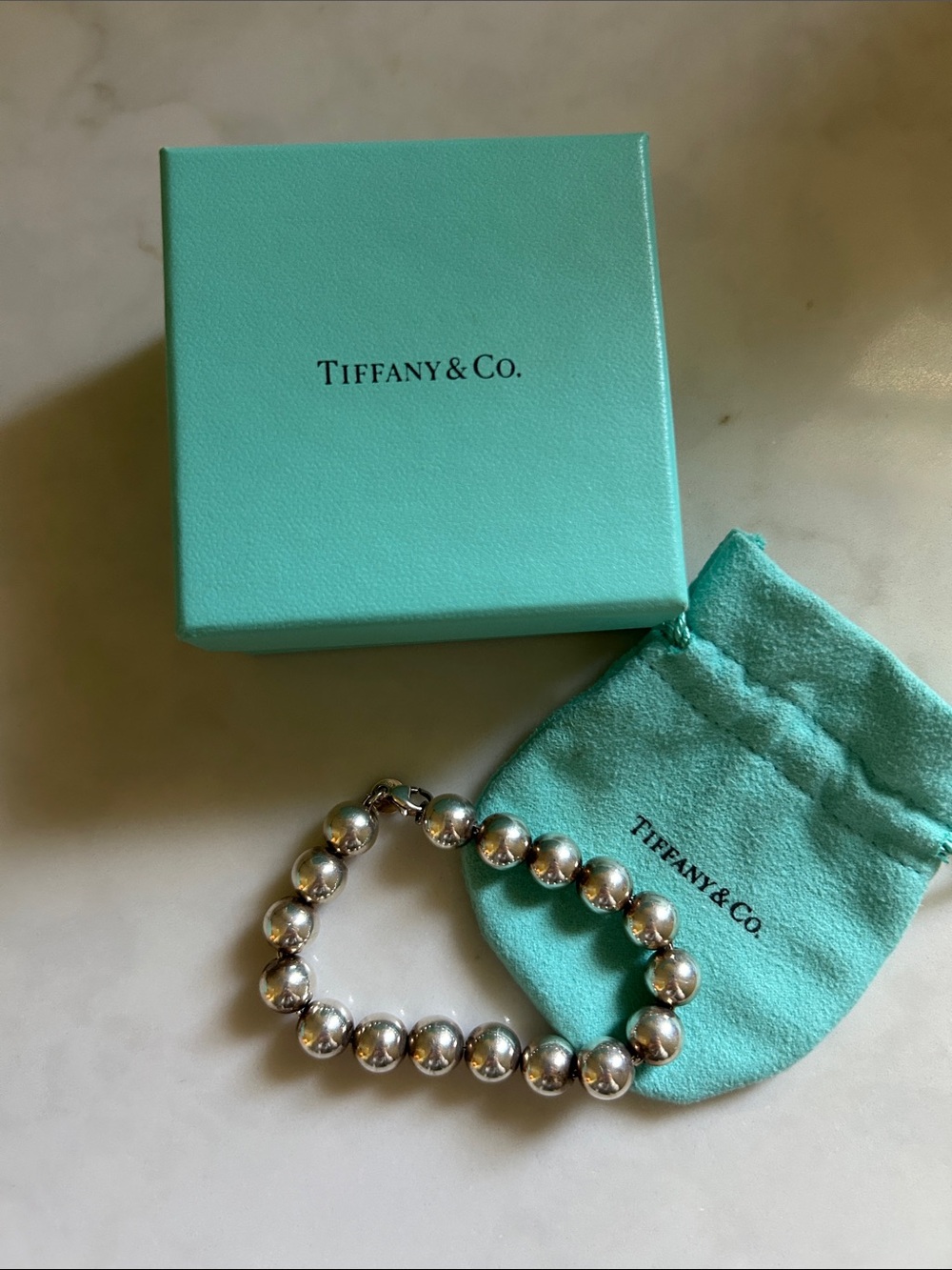 Tiffany & Co. Sterling Silver Bead Bracelet with Blue Pouch